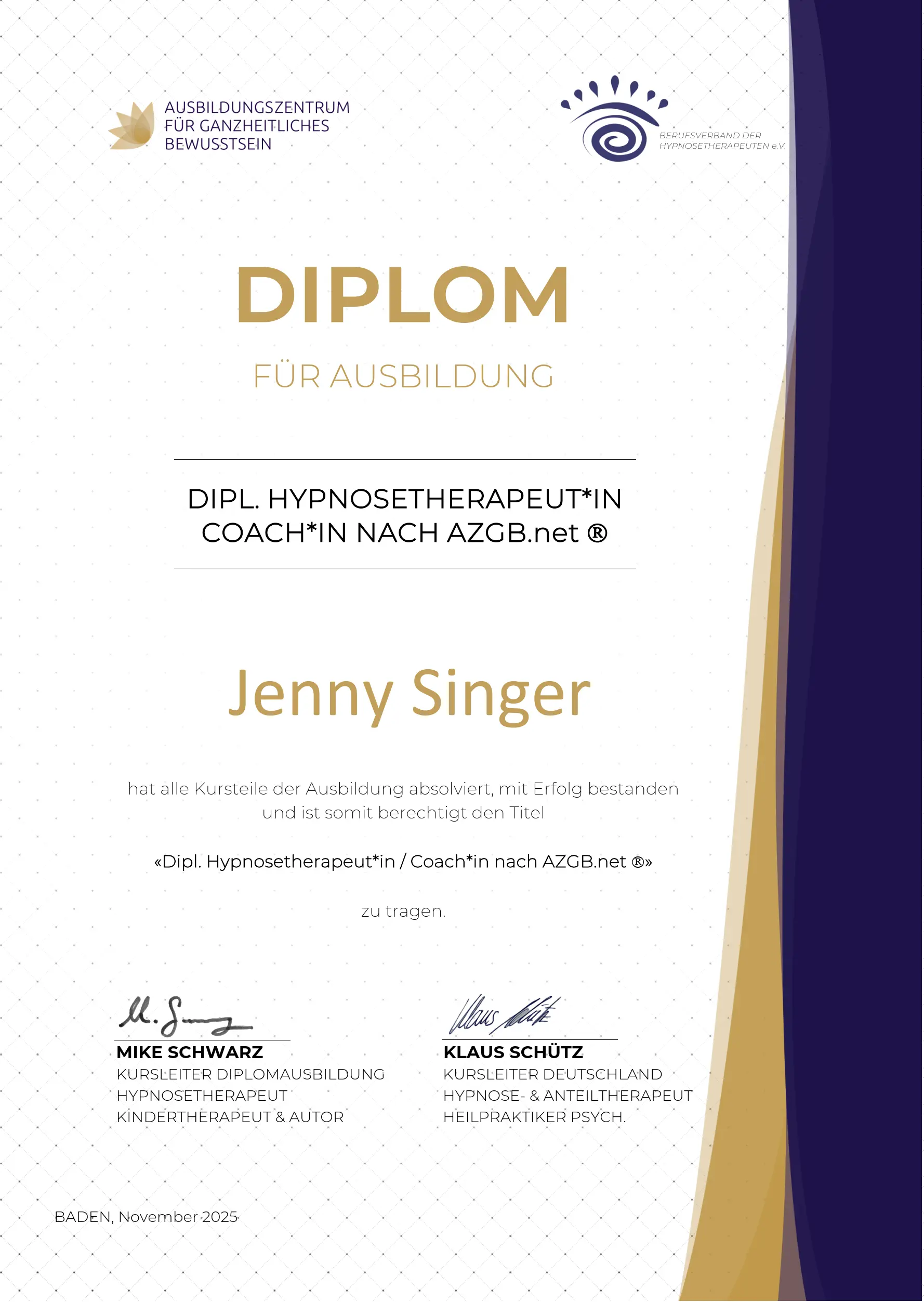 Zertifikat Diplo. Hypnosetherapeutin nach AZGB.net